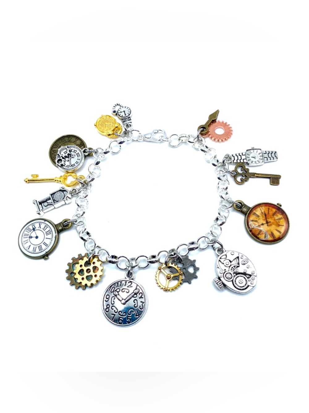 Steampunk Watch Charm Bracelet - Mixed Metal Gears & Clocks